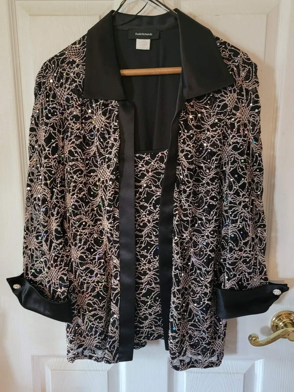 R&M Richards Black Sequin Lace Evening Jacket with Tank Sewn In